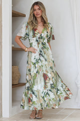 Glades Maxi Dress - V Neck Shirred Waist A Line Dress in Kamara Print Green