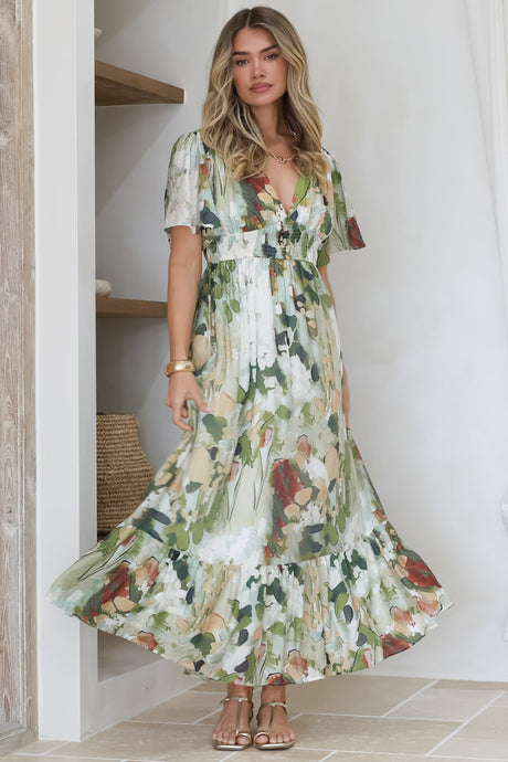 Glades Maxi Dress - V Neck Shirred Waist A Line Dress in Kamara Print Green