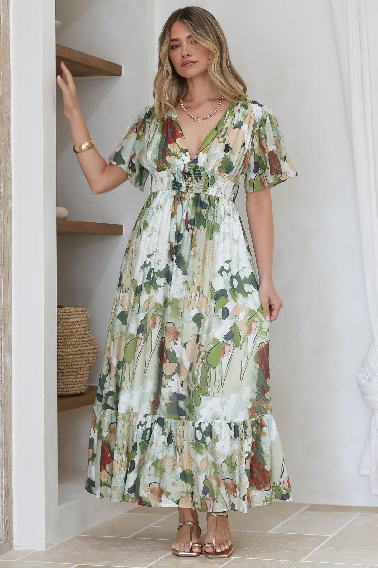 Glades Maxi Dress - V Neck Shirred Waist A Line Dress in Kamara Print Green