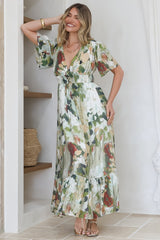 Glades Maxi Dress - V Neck Shirred Waist A Line Dress in Kamara Print Green