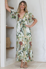 Glades Maxi Dress - V Neck Shirred Waist A Line Dress in Kamara Print Green