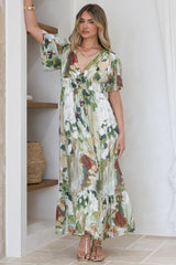 Glades Maxi Dress - V Neck Shirred Waist A Line Dress in Kamara Print Green