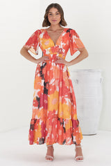 Glades Maxi Dress - V Neck Shirred Waist A Line Dress in Kamara Print Orange