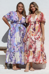Glades Maxi Dress - V Neck Shirred Waist A Line Dress in Kamara Print Red