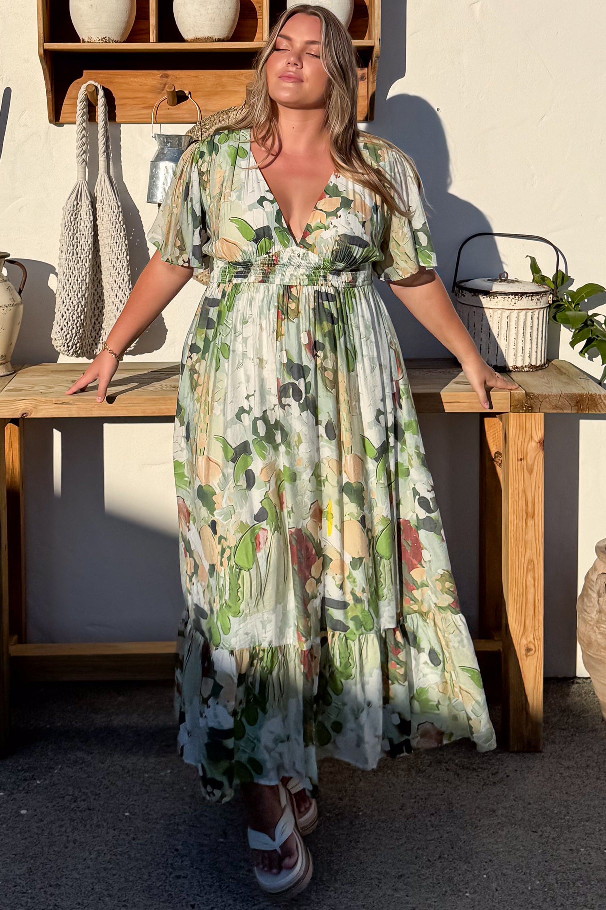 Glades Maxi Dress - V Neck Shirred Waist A Line Dress in Kamara Print Green