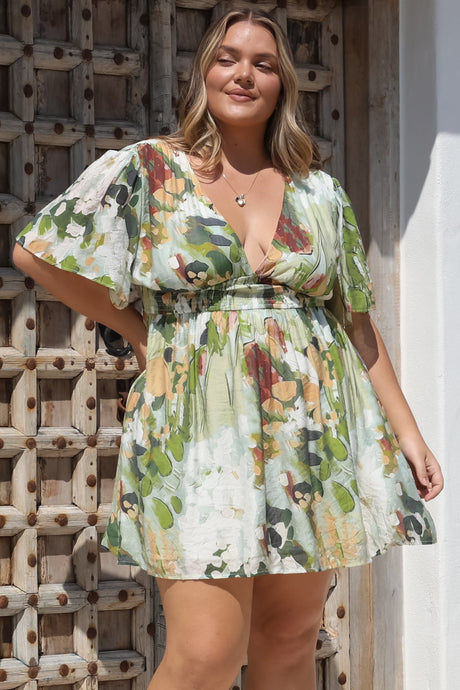 Glades Mini Dress - V Neck Shirred Waist A Line Dress in Kamara Print Green