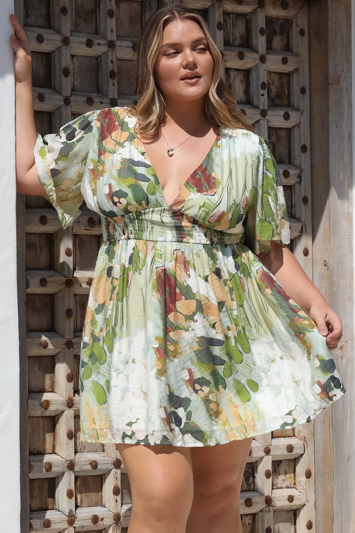 Glades Mini Dress - V Neck Shirred Waist A Line Dress in Kamara Print Green