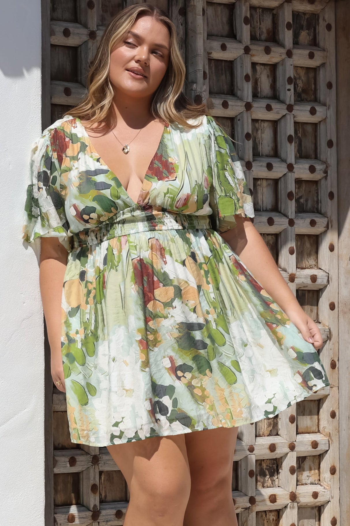Glades Mini Dress - V Neck Shirred Waist A Line Dress in Kamara Print Green
