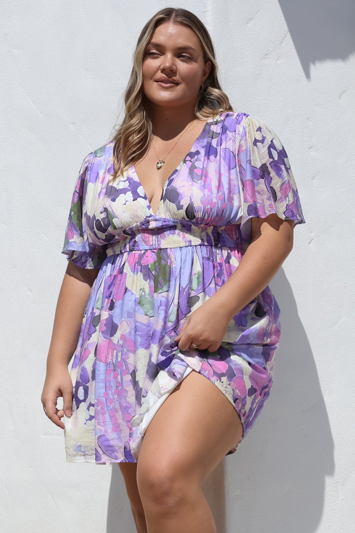 Glades Mini Dress - V Neck Shirred Waist A Line Dress in Kamara Print Purple