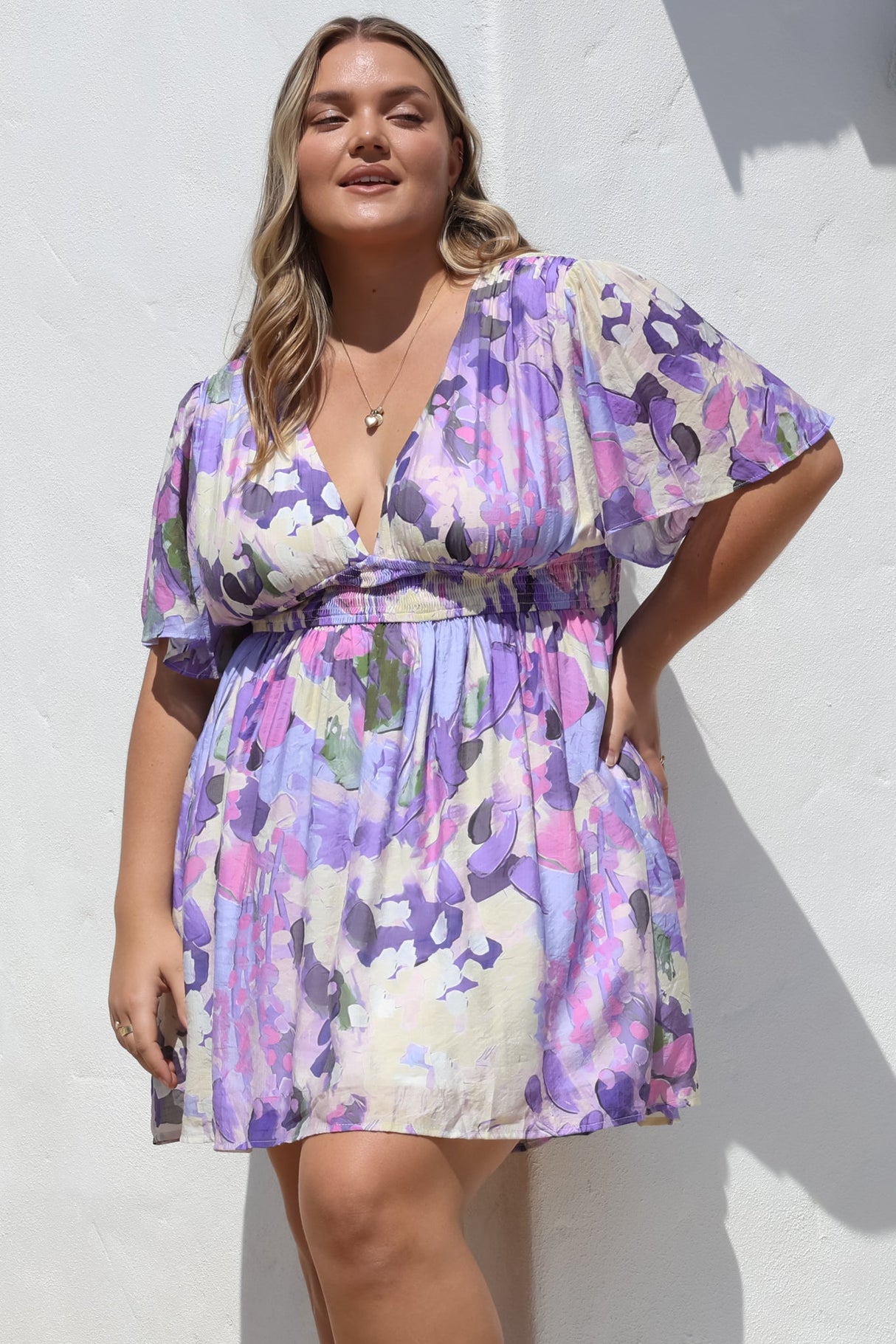 Glades Mini Dress - V Neck Shirred Waist A Line Dress in Kamara Print Purple