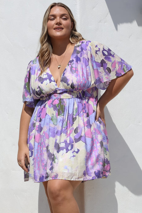 Glades Mini Dress - V Neck Shirred Waist A Line Dress in Kamara Print Purple