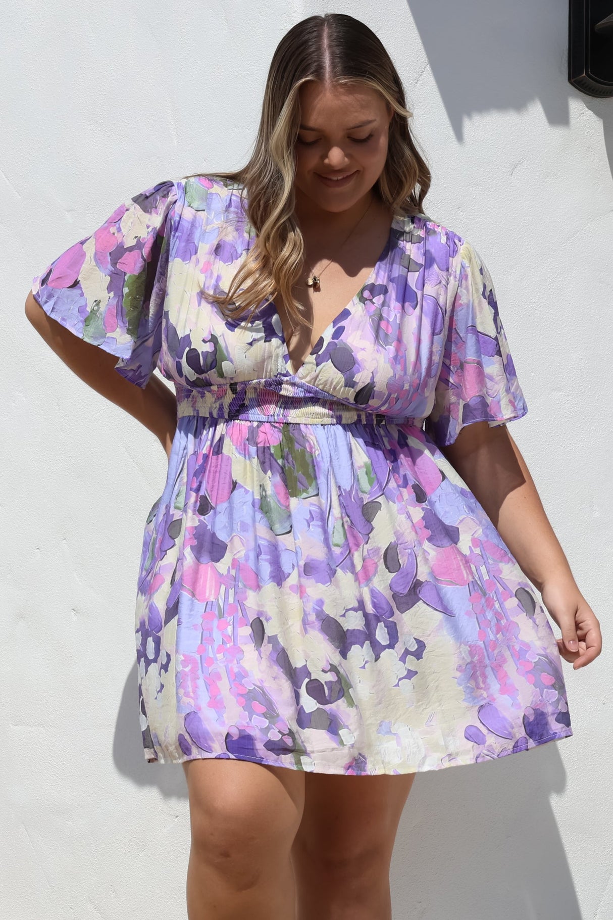 Glades Mini Dress - V Neck Shirred Waist A Line Dress in Kamara Print Purple