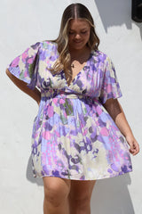 Glades Mini Dress - V Neck Shirred Waist A Line Dress in Kamara Print Purple