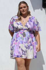 Glades Mini Dress - V Neck Shirred Waist A Line Dress in Kamara Print Purple