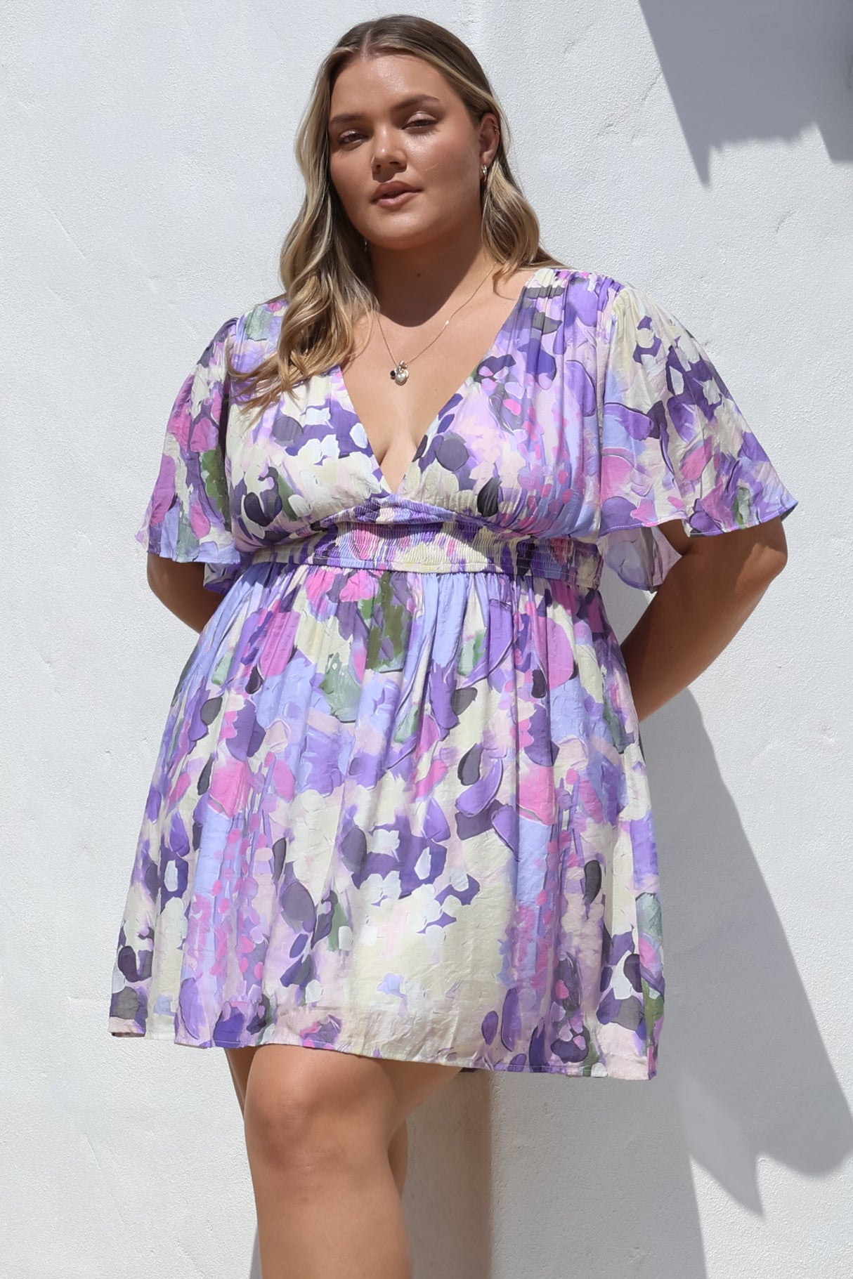 Glades Mini Dress - V Neck Shirred Waist A Line Dress in Kamara Print Purple