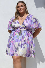 Glades Mini Dress - V Neck Shirred Waist A Line Dress in Kamara Print Purple