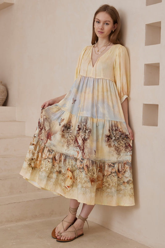 Gloria Maxi Dress - Tiered Smock Dress in Grasie Print