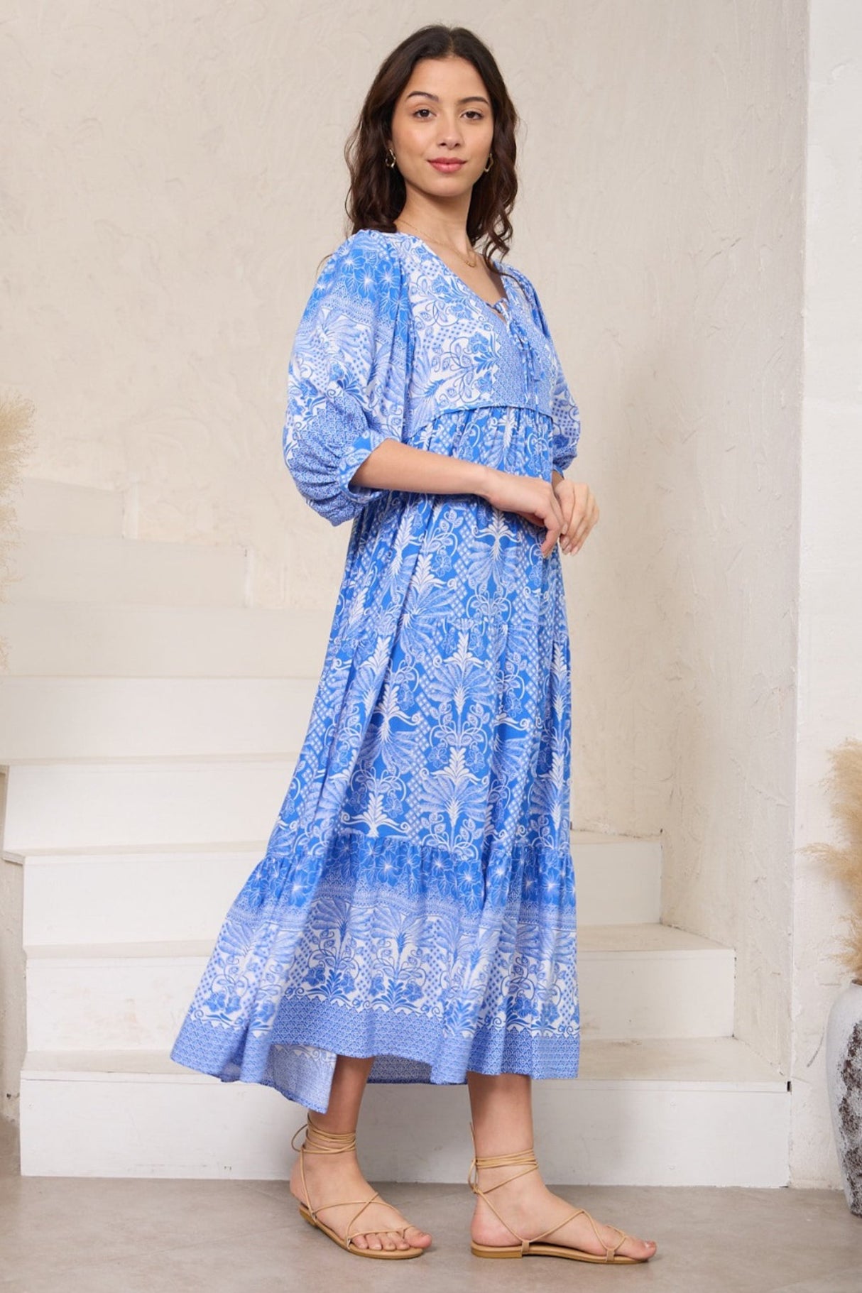 Gloria Maxi Dress: Tiered Smock Dress in Melina Print