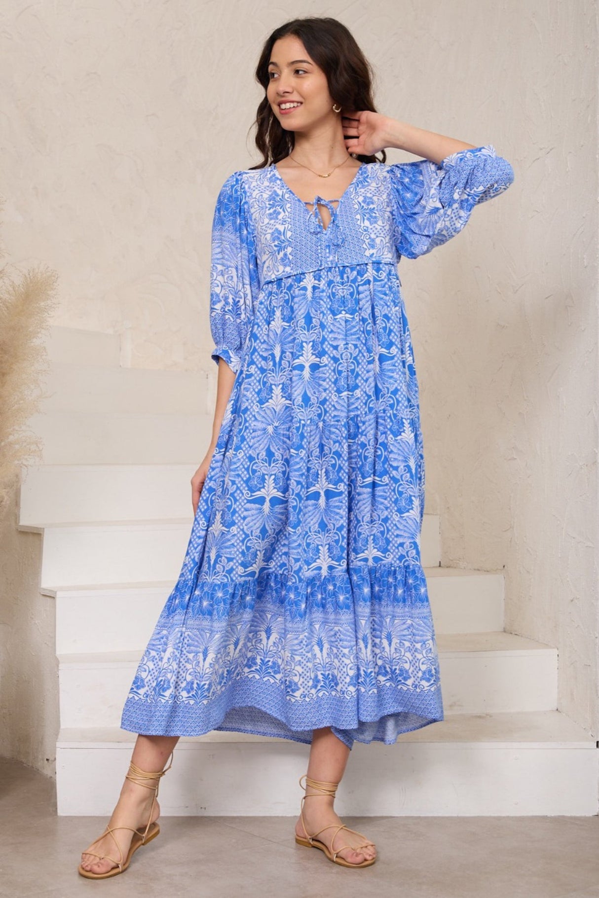 Gloria Maxi Dress: Tiered Smock Dress in Melina Print