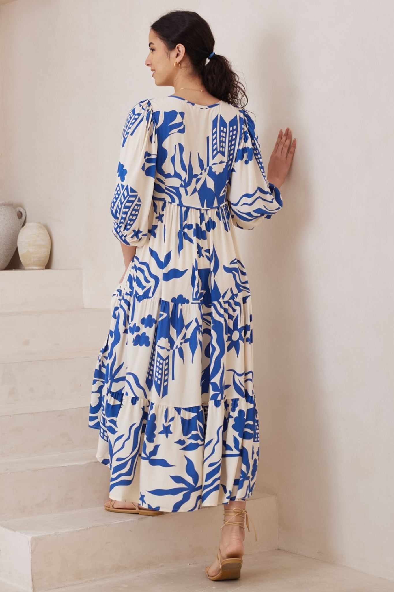 Gloria Maxi Dress: Tiered Smock Dress in Salt Lake Print Blue