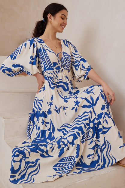 Gloria Maxi Dress: Tiered Smock Dress in Salt Lake Print Blue