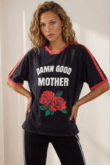 Model wearing Good Mother Tee in Black from Salty Crush
