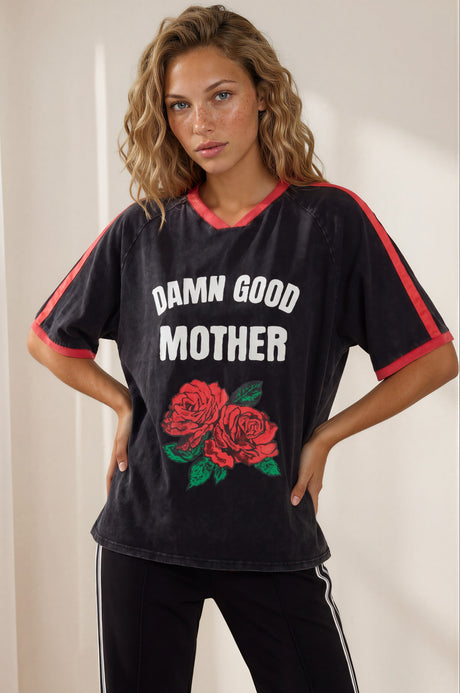 Model wearing Good Mother Tee in Black from Salty Crush
