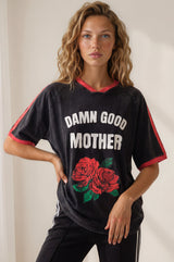 Model wearing Good Mother Tee in Black from Salty Crush
