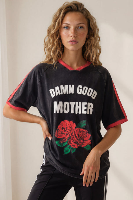 Model wearing Good Mother Tee in Black from Salty Crush