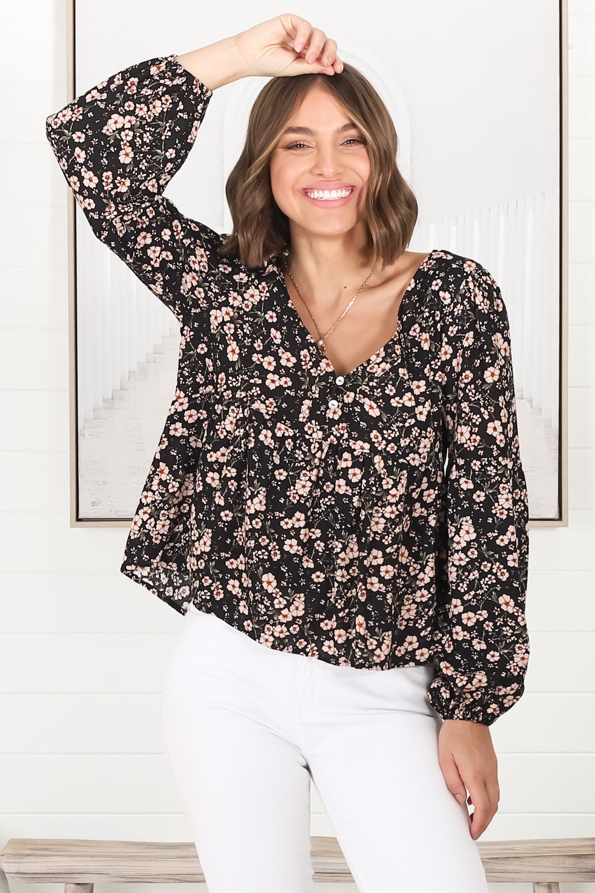 Grace Top - V-Neck Button Decal Long Sleeve Smock Top in Alayna Print Black