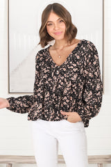 Grace Top - V-Neck Button Decal Long Sleeve Smock Top in Alayna Print Black