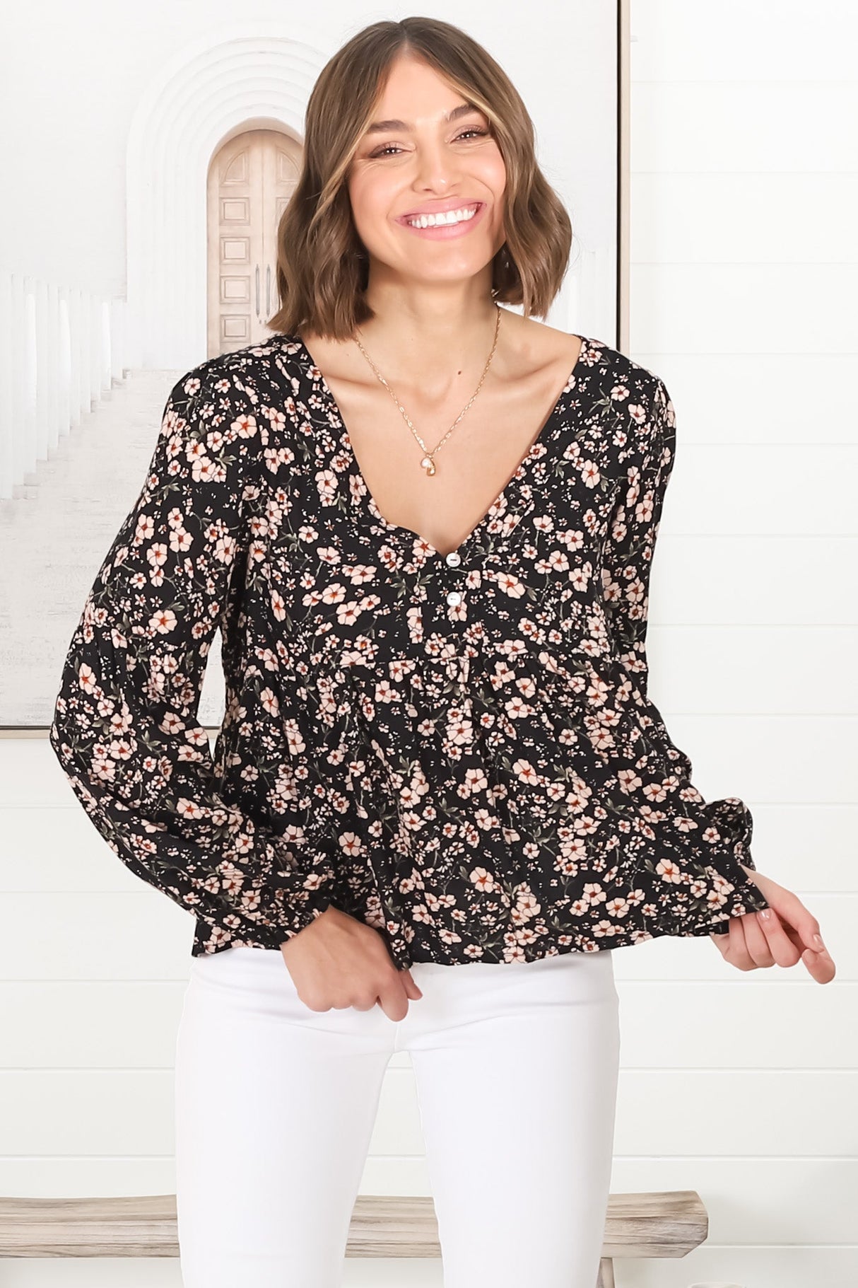 Grace Top - V-Neck Button Decal Long Sleeve Smock Top in Alayna Print Black