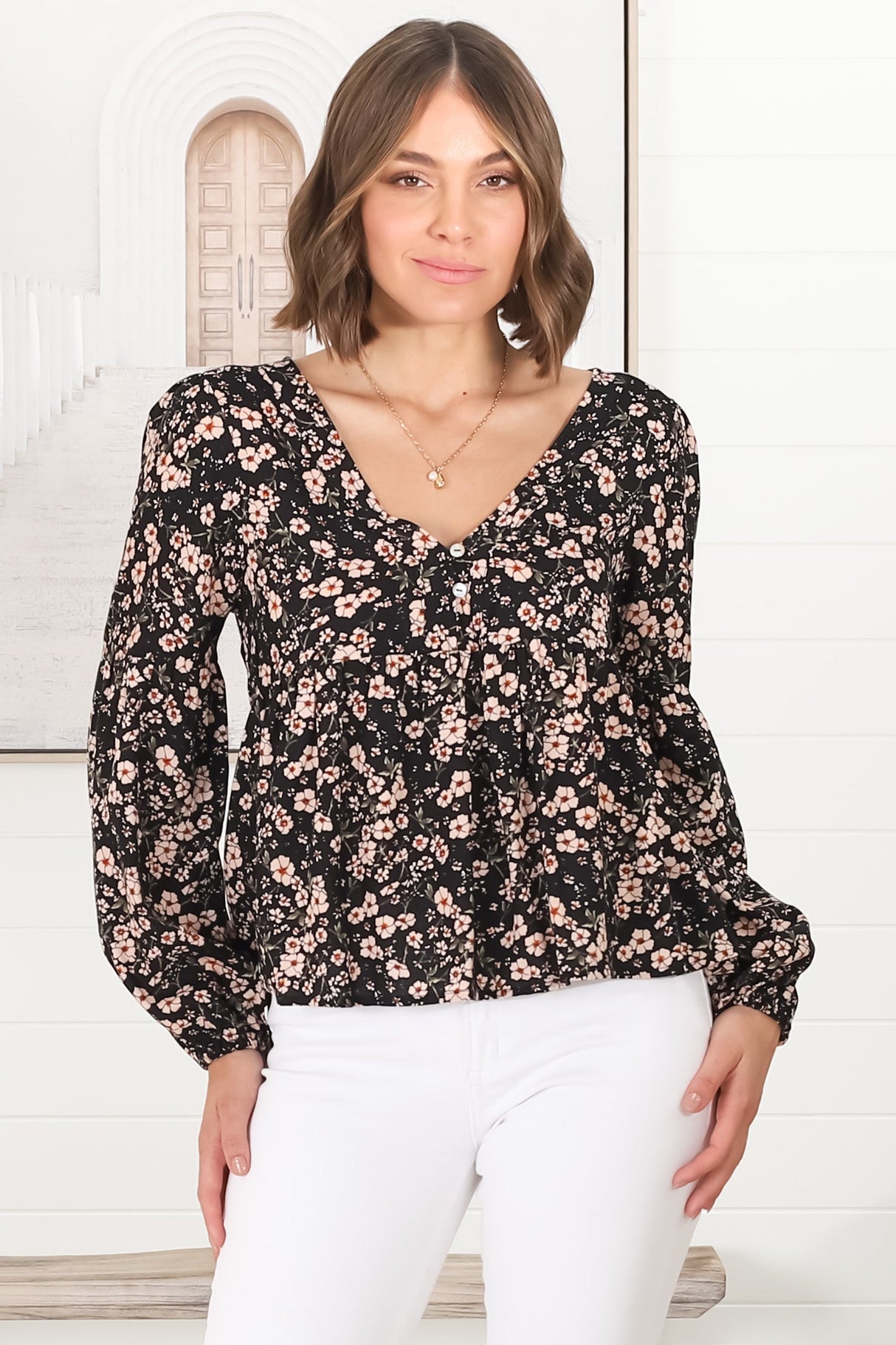 Grace Top - V-Neck Button Decal Long Sleeve Smock Top in Alayna Print Black