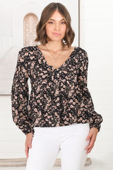 Grace Top - V-Neck Button Decal Long Sleeve Smock Top in Alayna Print Black