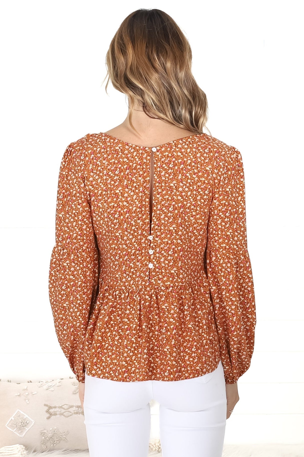 Grace Top - V-Neck Button Decal Long Sleeve Smock Top in Selly Print Rust