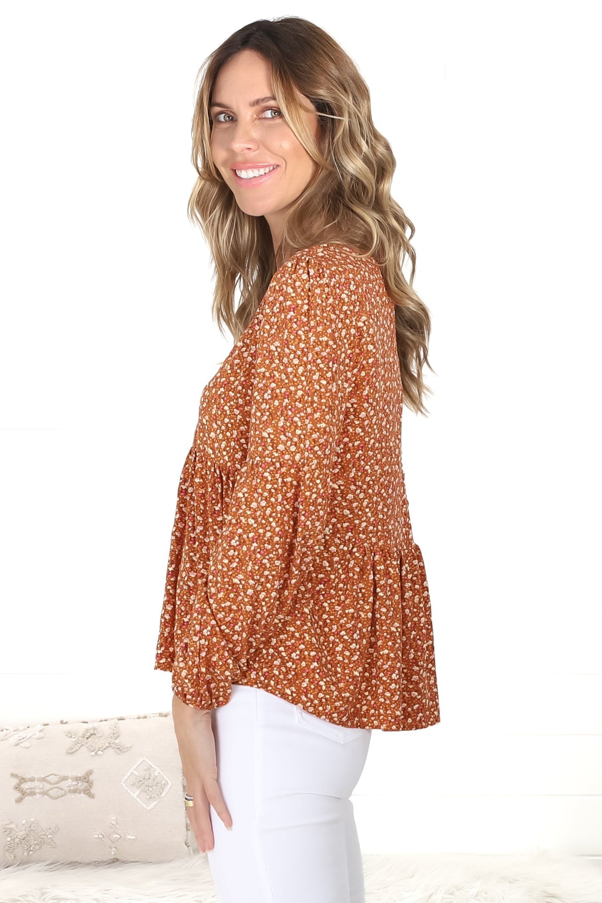 Grace Top - V-Neck Button Decal Long Sleeve Smock Top in Selly Print Rust