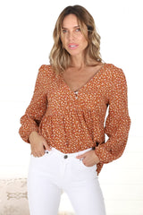 Grace Top - V-Neck Button Decal Long Sleeve Smock Top in Selly Print Rust