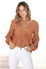 Grace Top - V-Neck Button Decal Long Sleeve Smock Top in Selly Print Rust