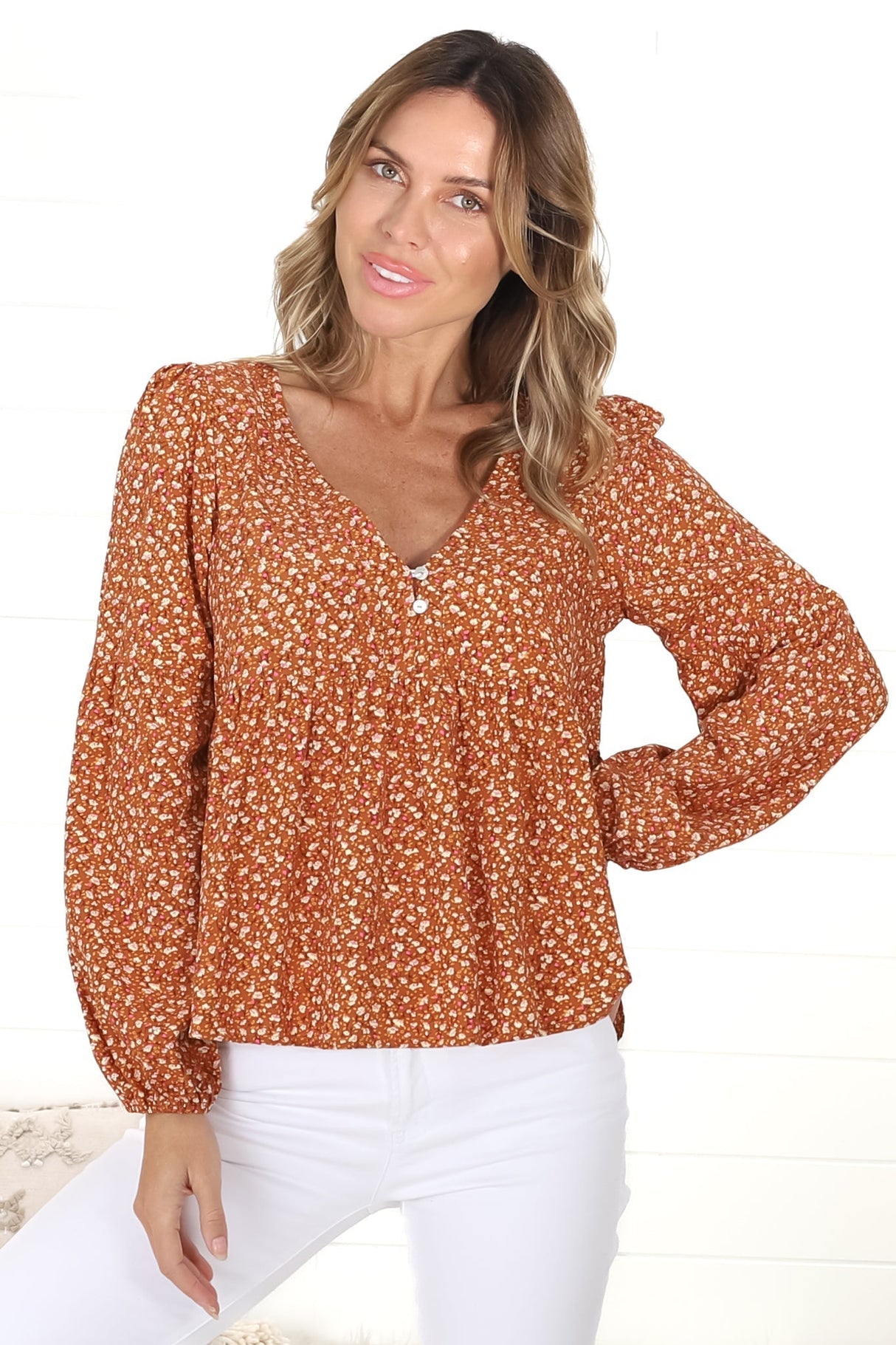 Grace Top - V-Neck Button Decal Long Sleeve Smock Top in Selly Print Rust