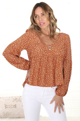 Grace Top - V-Neck Button Decal Long Sleeve Smock Top in Selly Print Rust