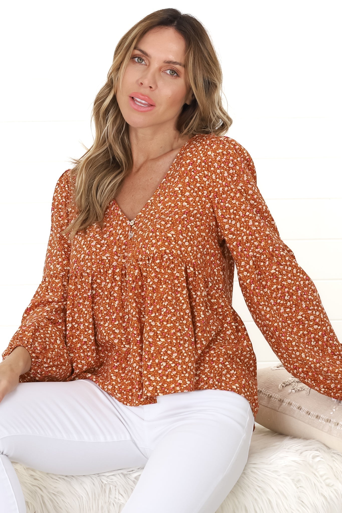 Grace Top - V-Neck Button Decal Long Sleeve Smock Top in Selly Print Rust