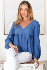 Grace Top - V-Neck Button Decal Long Sleeve Smock Top in Blue