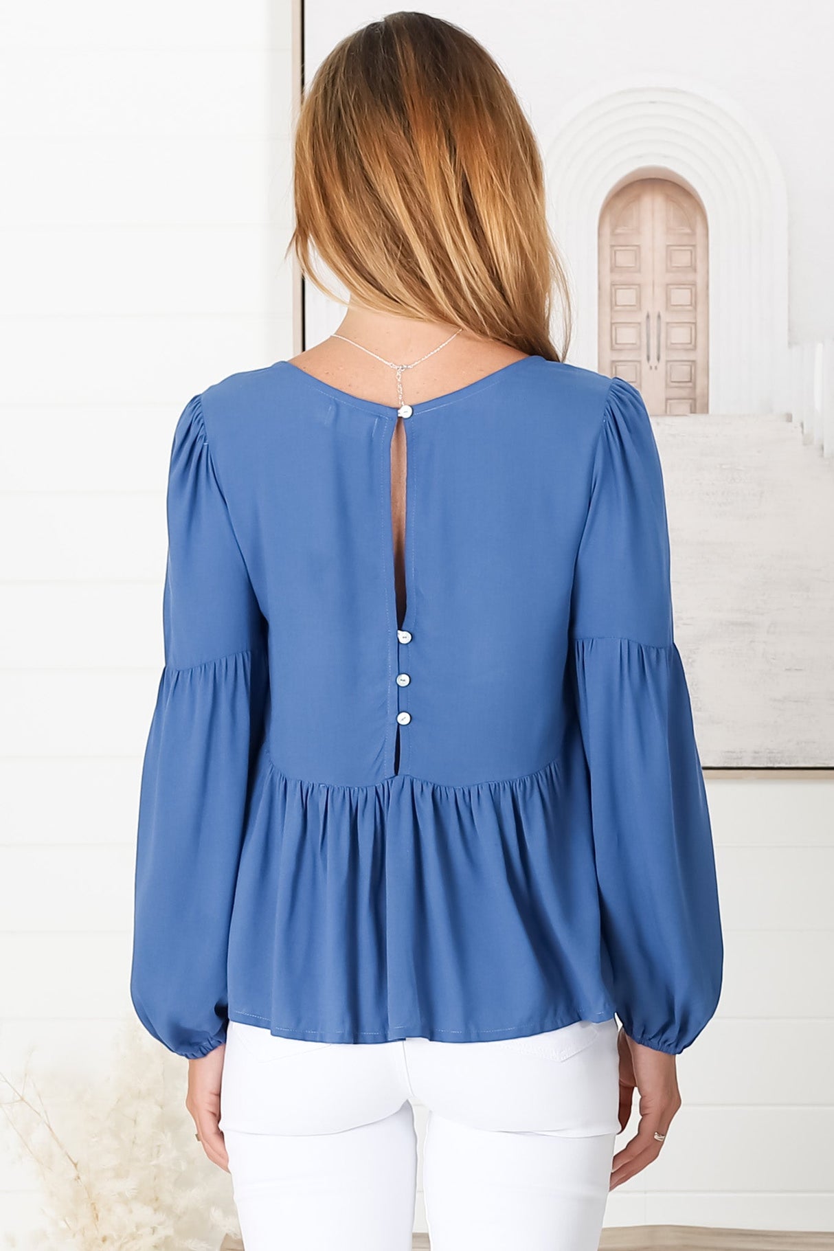 Grace Top - V-Neck Button Decal Long Sleeve Smock Top in Blue