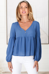 Grace Top - V-Neck Button Decal Long Sleeve Smock Top in Blue