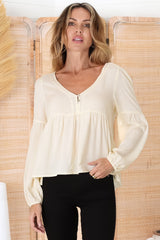 Grace Top - V-Neck Button Decal Long Sleeve Smock Top in Cream