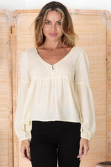 Grace Top - V-Neck Button Decal Long Sleeve Smock Top in Cream