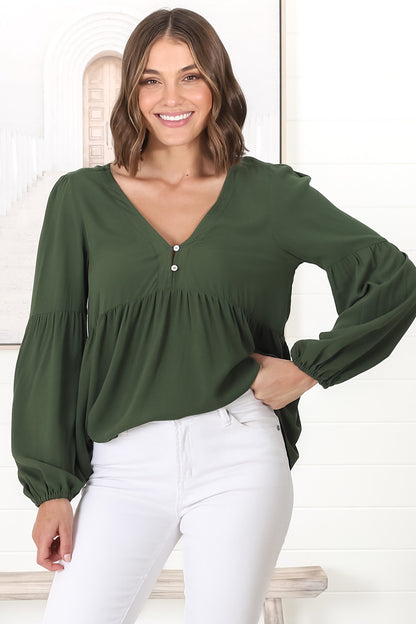 Grace Top - V-Neck Button Decal Long Sleeve Smock Top in Olive