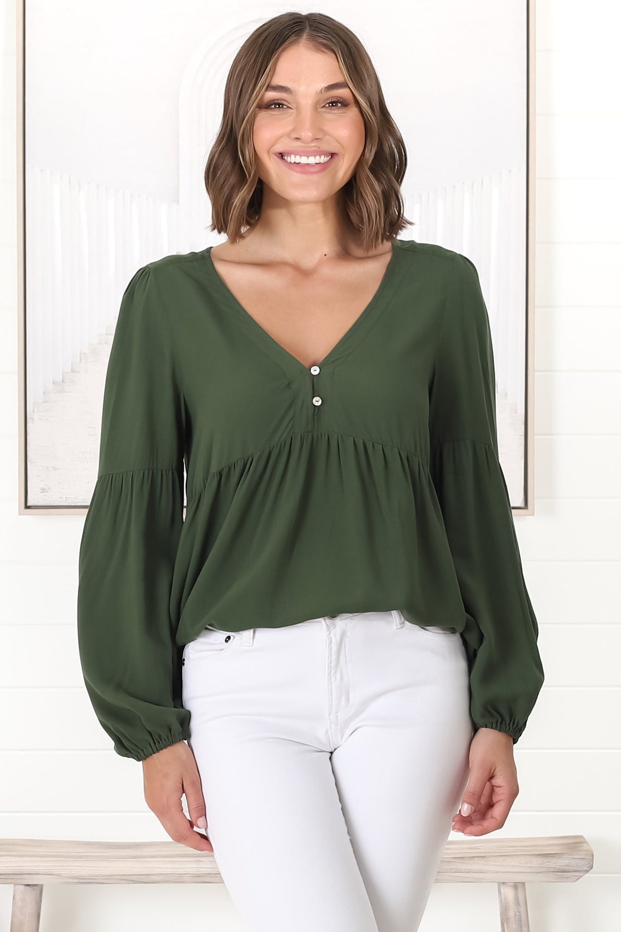 Grace Top - V-Neck Button Decal Long Sleeve Smock Top in Olive