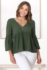 Grace Top - V-Neck Button Decal Long Sleeve Smock Top in Olive