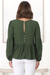 Grace Top - V-Neck Button Decal Long Sleeve Smock Top in Olive